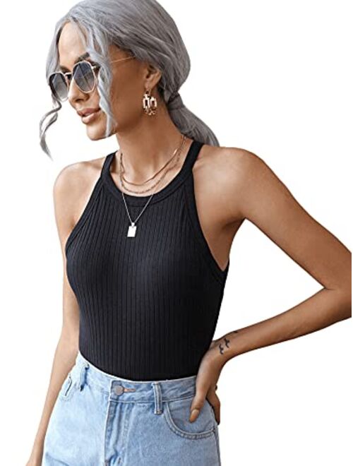 SweatyRocks Women's Knit Crop Top Ribbed Sleeveless Halter Neck Vest Tank Top