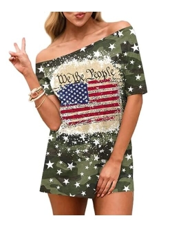 Spadehill Womens July 4th American Flag Off Shoulder Tops