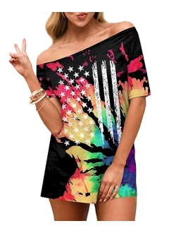 Spadehill Womens July 4th American Flag Off Shoulder Tops