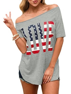 Spadehill Womens July 4th American Flag Off Shoulder Tops