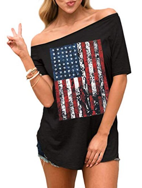 Spadehill Womens July 4th American Flag Off Shoulder Tops