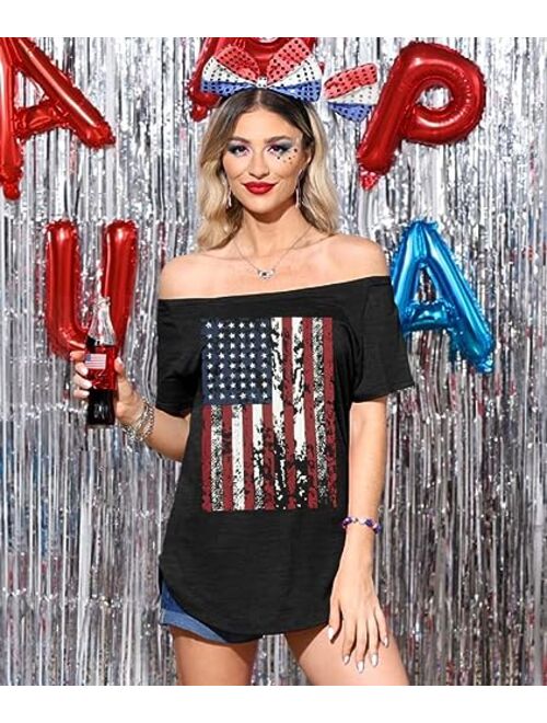 Spadehill Womens July 4th American Flag Off Shoulder Tops