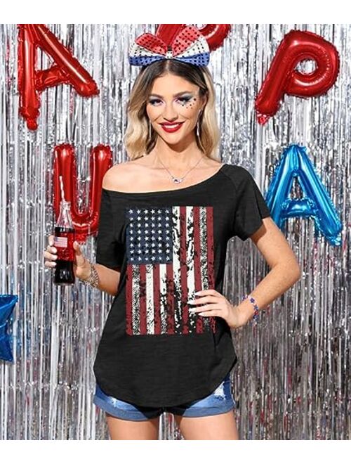 Spadehill Womens July 4th American Flag Off Shoulder Tops