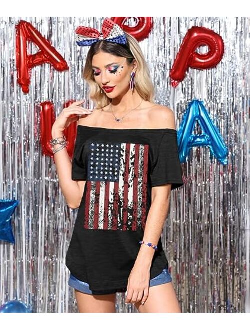 Spadehill Womens July 4th American Flag Off Shoulder Tops