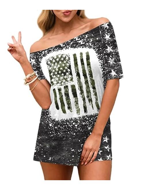 Spadehill Womens July 4th American Flag Off Shoulder Tops