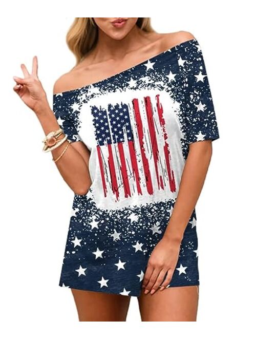 Spadehill Womens July 4th American Flag Off Shoulder Tops