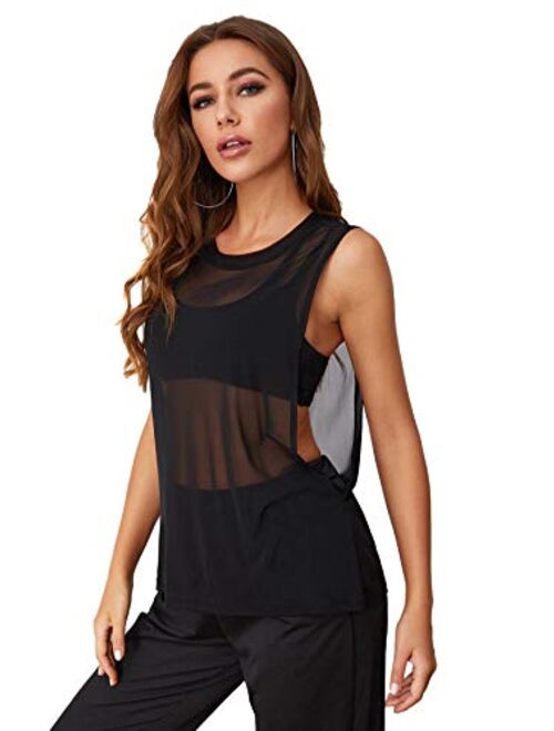 SweatyRocks Women's Workout Yoga Tops Sheer Mesh Gym Exercise Shirts Flowy Tank Top