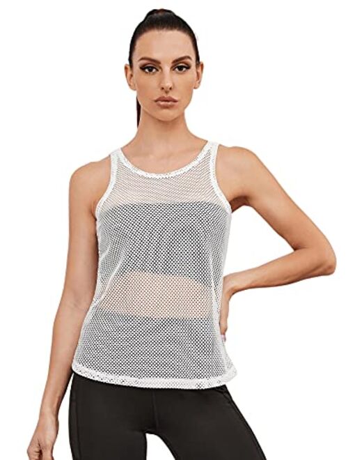 SweatyRocks Women's Workout Yoga Tops Sheer Mesh Gym Exercise Shirts Flowy Tank Top