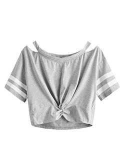 Women's Short Sleeve Cut Out V Neck Twist Front Crop Top T-Shirt