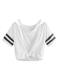 Women's Short Sleeve Cut Out V Neck Twist Front Crop Top T-Shirt