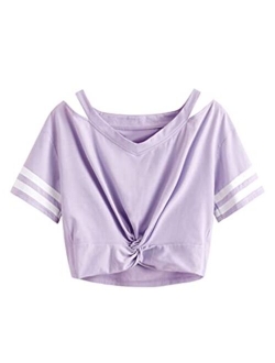 Women's Short Sleeve Cut Out V Neck Twist Front Crop Top T-Shirt