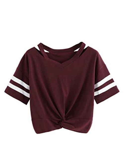 SweatyRocks Women's Short Sleeve Cut Out V Neck Twist Front Crop Top T-Shirt