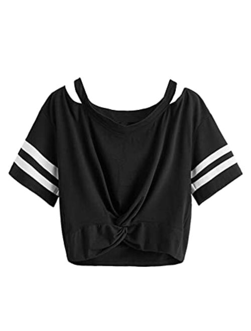 SweatyRocks Women's Short Sleeve Cut Out V Neck Twist Front Crop Top T-Shirt