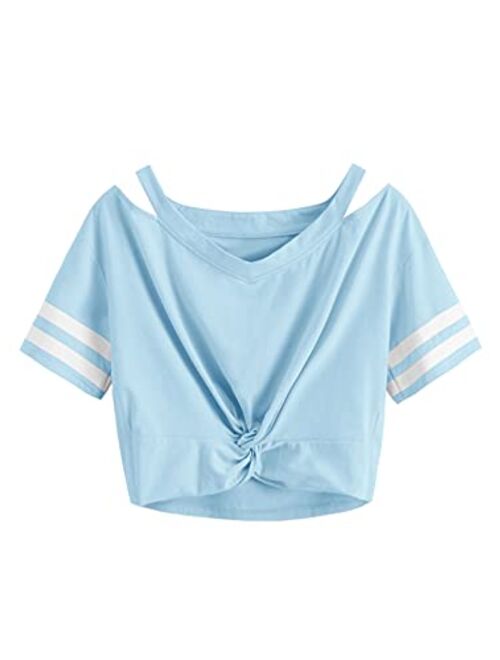 SweatyRocks Women's Short Sleeve Cut Out V Neck Twist Front Crop Top T-Shirt