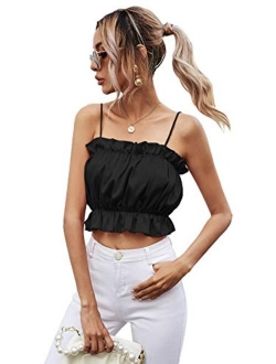 Women's Frill Trim Ruched Front Sleeveless Cropped Cami Tank Top