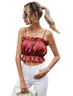 Women's Frill Trim Ruched Front Sleeveless Cropped Cami Tank Top