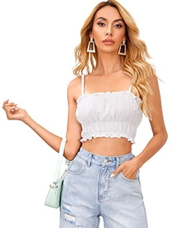 Women's Frill Trim Ruched Front Sleeveless Cropped Cami Tank Top