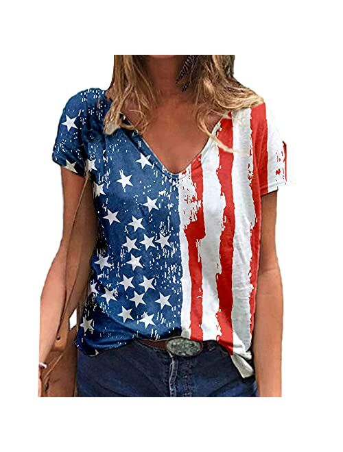 GLIGLITTR 4th of July Shirts for Women Summer Independence Day Short Sleeve T-Shirt Patriotic Tie Dye Color Block Tee