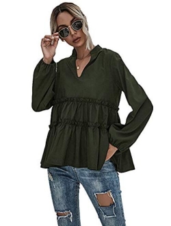 Women's Elegant Long Sleeve Loose Ruffle Hem Babydoll Peplum Blouse Top