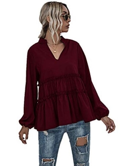 Women's Elegant Long Sleeve Loose Ruffle Hem Babydoll Peplum Blouse Top