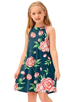 BesserBay Girl's Halter Neck Sleeveless Floral Summer Dress with Side Pockets 3-12 Years