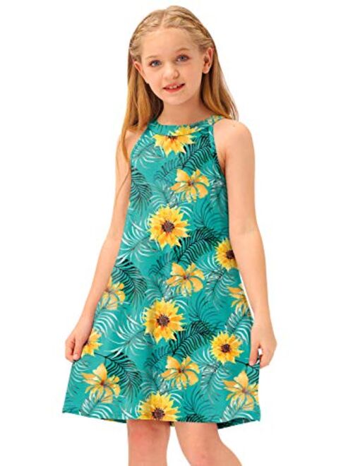 BesserBay Girl's Halter Neck Sleeveless Floral Summer Dress with Side Pockets 3-12 Years