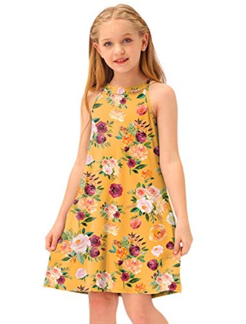 BesserBay Girl's Halter Neck Sleeveless Floral Summer Dress with Side Pockets 3-12 Years