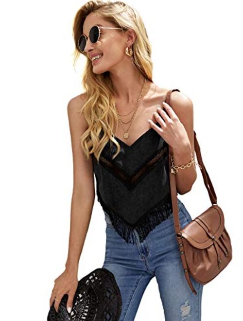 SweatyRocks Women's V Neck Crop Cami Top Fringe Hem Sleeveless Vest Shirt