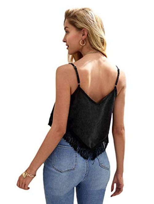 SweatyRocks Women's V Neck Crop Cami Top Fringe Hem Sleeveless Vest Shirt