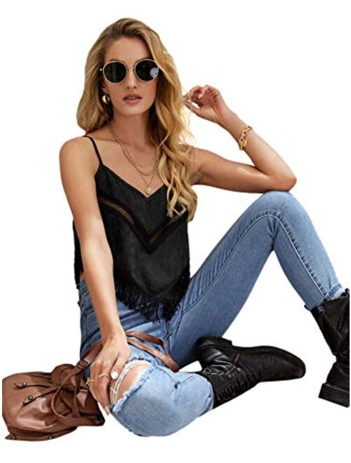 SweatyRocks Women's V Neck Crop Cami Top Fringe Hem Sleeveless Vest Shirt