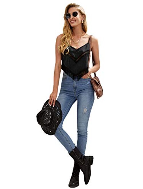 SweatyRocks Women's V Neck Crop Cami Top Fringe Hem Sleeveless Vest Shirt