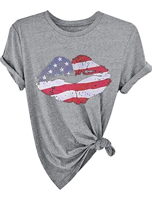 KIDDAD Women's American Flag Lips Shirt Letter Print Graphic Funny T-Shirt USA Patriotic Summer Casual Tee Tops