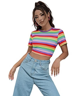 Women's Short Sleeve Round Neck Colorblock Stripe Tee Shirt Crop Top