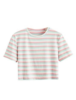 Women's Short Sleeve Round Neck Colorblock Stripe Tee Shirt Crop Top