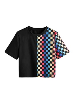 Women's Short Sleeve Round Neck Colorblock Stripe Tee Shirt Crop Top