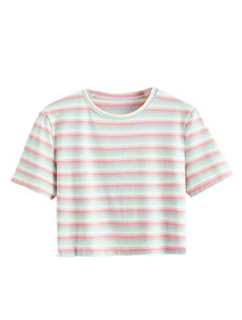 SweatyRocks Women's Short Sleeve Round Neck Colorblock Stripe Tee Shirt Crop Top