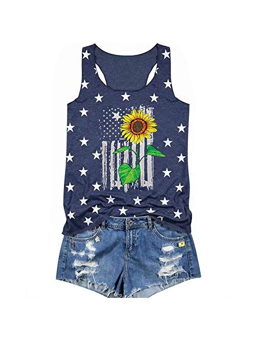 Binshre USA Flag Print Tank Tops Women American Stars Stripes Patriotic T Shirt Summer Casual Vest Tees