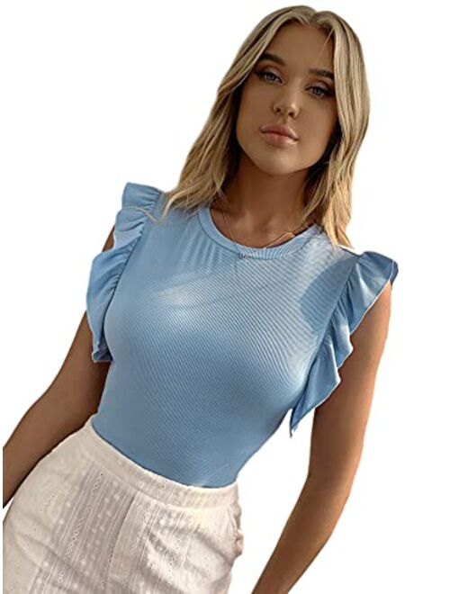 SweatyRocks Women's Summer Short Sleeve Tee Top Ribbed Knit Round Neck T-Shirt