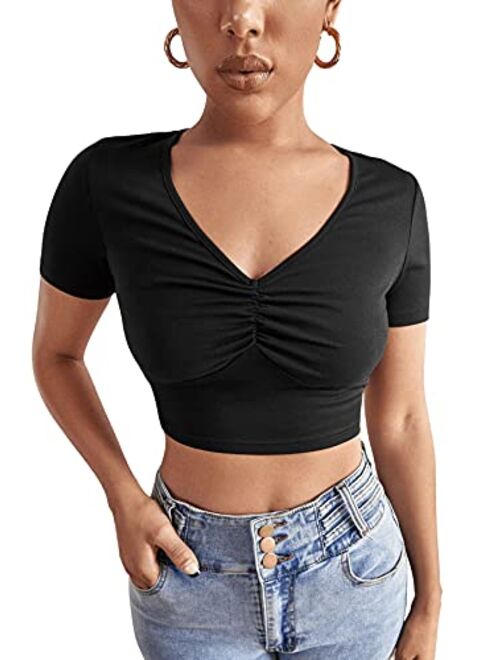 SweatyRocks Women's Basic Crop Top Short Sleeve Round Neck Tee T-Shirt