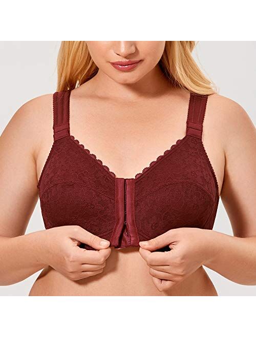 DELIMIRA Women's Posture Bra Back Support Front Closure Wireless Lace Cotton