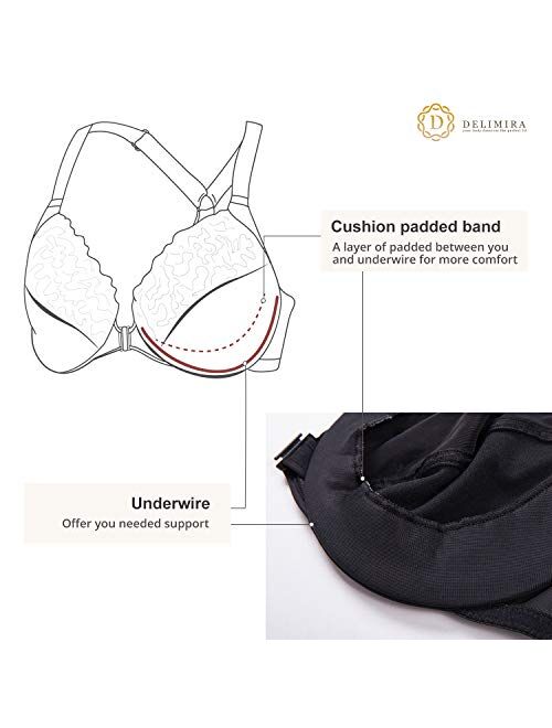 DELIMIRA Women's Front Closure Full Coverage Lace Underwire Racerback Bra