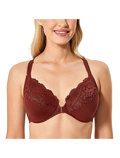 DELIMIRA Women's Front Closure Full Coverage Lace Underwire Racerback Bra