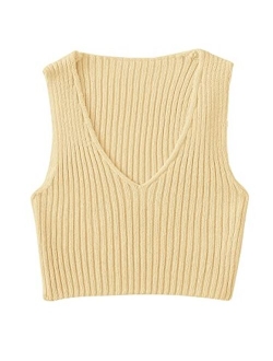 Women's Ribbed Knit Crop Sleeveless V-Neck Sweater Vest Crop Tank Top