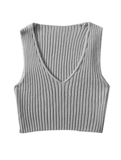 Women's Ribbed Knit Crop Sleeveless V-Neck Sweater Vest Crop Tank Top