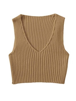 Women's Ribbed Knit Crop Sleeveless V-Neck Sweater Vest Crop Tank Top