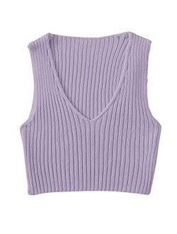 Women's Ribbed Knit Crop Sleeveless V-Neck Sweater Vest Crop Tank Top