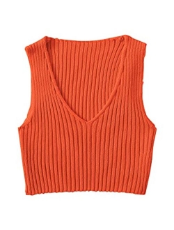 Women's Ribbed Knit Crop Sleeveless V-Neck Sweater Vest Crop Tank Top