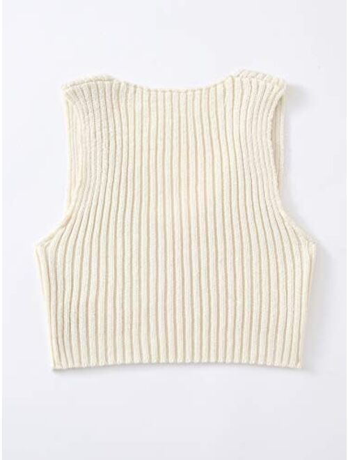 SweatyRocks Women's Ribbed Knit Crop Sleeveless V-Neck Sweater Vest Crop Tank Top