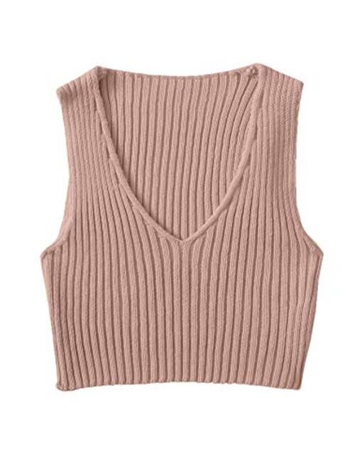 SweatyRocks Women's Ribbed Knit Crop Sleeveless V-Neck Sweater Vest Crop Tank Top