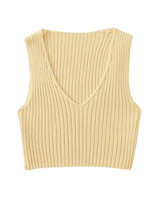 SweatyRocks Women's Ribbed Knit Crop Sleeveless V-Neck Sweater Vest Crop Tank Top